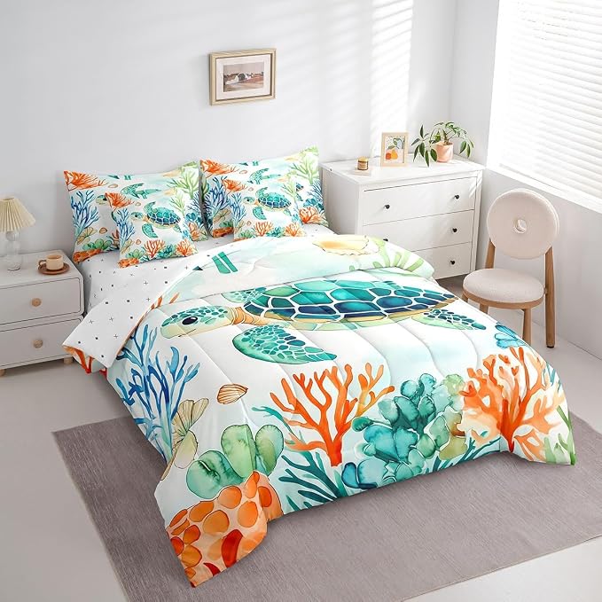 Erosebridal Kids Cute Turtle 7-Piece Bedding Set King Size, Marine Life Tortoise Bed in A Bag, Underwater World Sea Animal Comforter Set with Sheets, Watercolour Coral Bedding Comforter Sets - Image 2