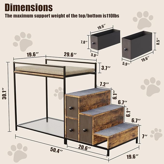 LEMBERI Pet Bunk Bed with Stairs and Storage, Dogs/Cats Window Perch, Bedside Lounge Elevated Dog Bed Multi-Level Platform with Foam Upholstery (Brown)