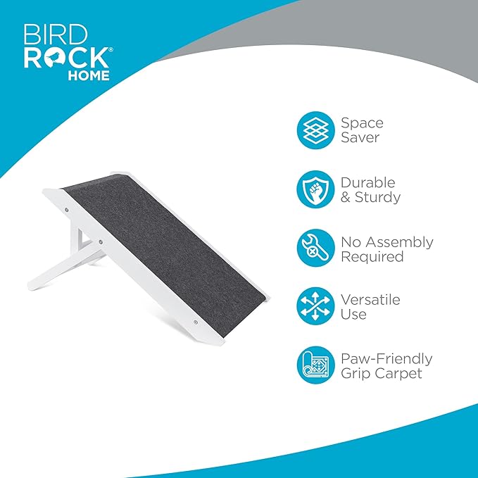 BIRDROCK HOME Adjustable Pet Ramp for Small Dogs, Cats, Puppies - Foldable Wooden Dog Ramp for Couch, Bed, Car - Indoor or Outdoor- Safe, Portable, Non-Slip Carpet - 13", White