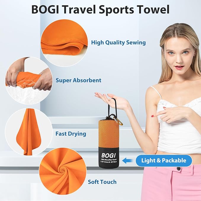 BOGI Microfiber Travel Sports Towel - Quick Dry, Soft Lightweight, Compact for Camping, Gym, Yoga, Swimming, Backpacking (XL:72''x32''+16''x16'' - Orange) - Image 4