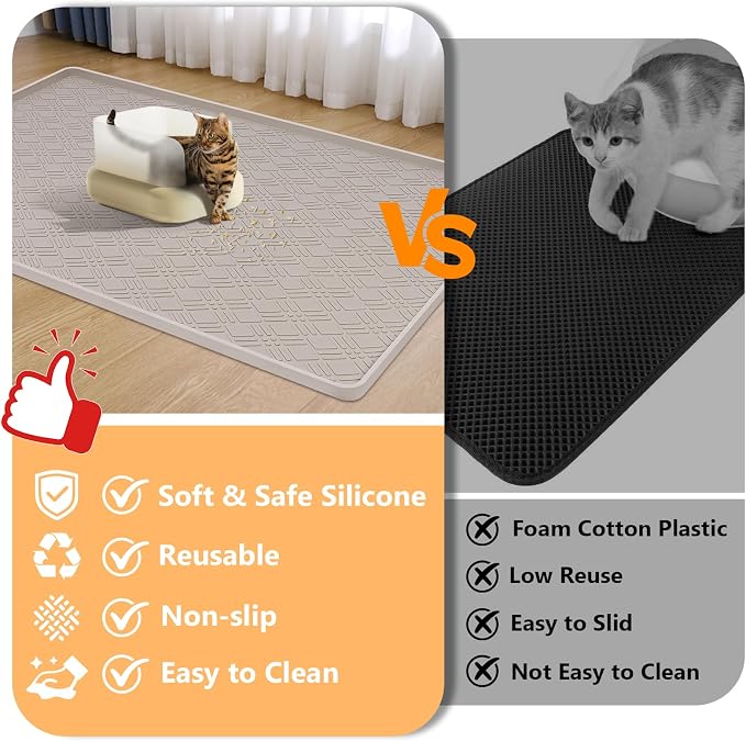 Silicone Cat Litter Mat 42" x 29" Cat Mat for Litter Box, Khaki | Extra Large Cat Litter Trapping Mat for Floor, Waterproof, Non-Slip Kitty Litter Box Mat with Raised Edge, Easy to Clean - Image 3