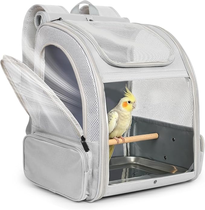 Bird Carrier Backpack for Small to Meidum Bird, Portable Travel Carrier Cage with Standing Perch and Metal Tray (Grey, Backpack Carrier) by Unknown