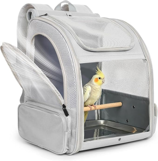 Bird Carrier Backpack for Small to Meidum Bird, Portable Travel Carrier Cage with Standing Perch and Metal Tray (Grey, Backpack Carrier) by Unknown