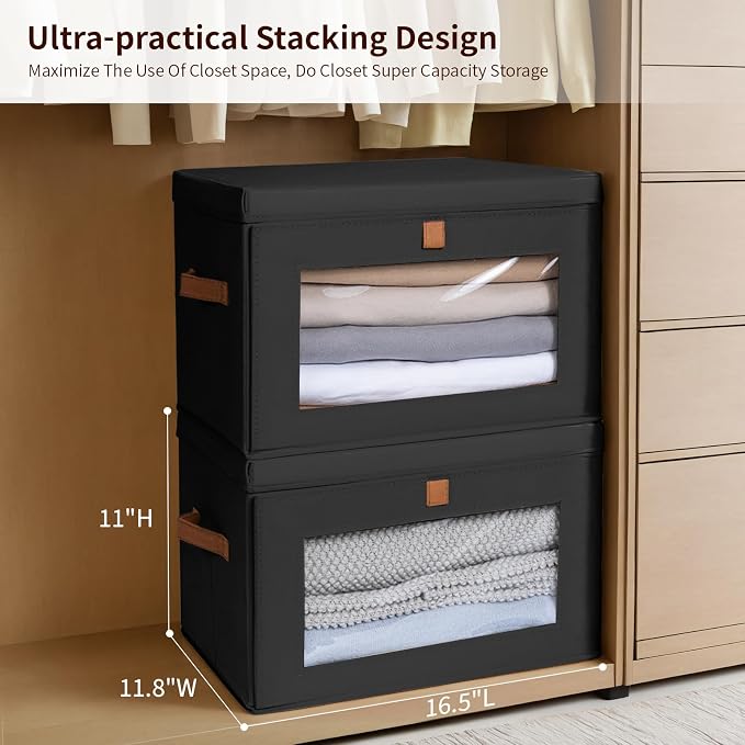 Homsorout Collapsible Storage Bins - Large Stackable Organizer Bins, Decorative Boxes with Handles & Window, Fabric Containers for Living Room, Closet, Dorm, 6 Pack, Black - Image 3
