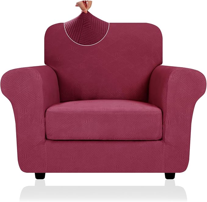 ZNSAYOTX 2 Piece Stretch Chair Covers (31"-46"), Thick Striped Armchair Slipcover with Elastic Band Bottom Ties Non-Slip Stay in Place, Soft Durable Arm Chair Covers for Living Room, Wine Red by ZNSAYOTX