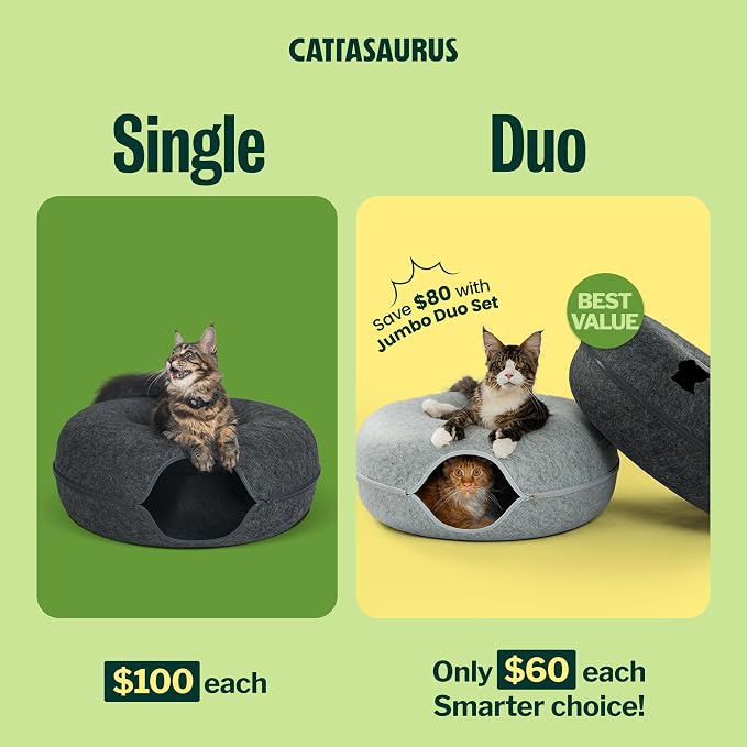 Cattasaurus Peekaboo Cat Cave Duo Jumbo Set, Extra Spacious Cat Donut for Multiple & Large Kitty 15+ lbs, Scratch Detachable Cat Beds for Indoor Cats, Washable Cat Tunnel Bed, Best Kitten Toys - Image 2