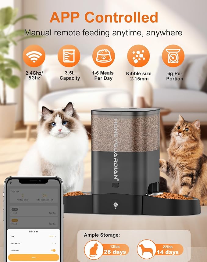 HoneyGuaridan Automatic Cat Feeder for 2 Cats, 2.4/5G WiFi Smart Feed Pet Feeder with Stainless Steel Bowl,APP Control Dispenser, Dual Power Supply,Desiccant Bag,10s Meal Call Black - Image 3