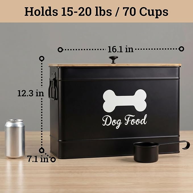 Metal Dog Food Container 15-20 lbs w/ Airtight Bamboo Lid, 70 Cup Capacity | Pet Jar For Dogs up to 100lbs, Airtight Bamboo Lid, Sturdy Comfortable Metal Handle, Powder Coated Iron, Kibble Storage Bin - Image 6