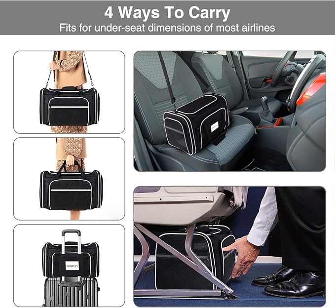 TSA Airline Approved Large Pet Travel Carrier,4 Sides Expandable with 2 Mesh Pockets,3 Entry, Soft Sided Collapsible Dog Carrier for 2 Cats,Kittens,Puppies,Dog, X-Large, Black & White