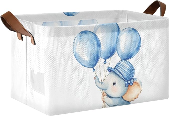 Cute Baby Elephant with Blue Balloon Storage Basket with Labels&Handles Rectangular Waterproof Nursery Storage Bins Collapsible Shelf Organizer Baskets for Kids Books Cloth Gift Basket Toys Laundry by Unknown