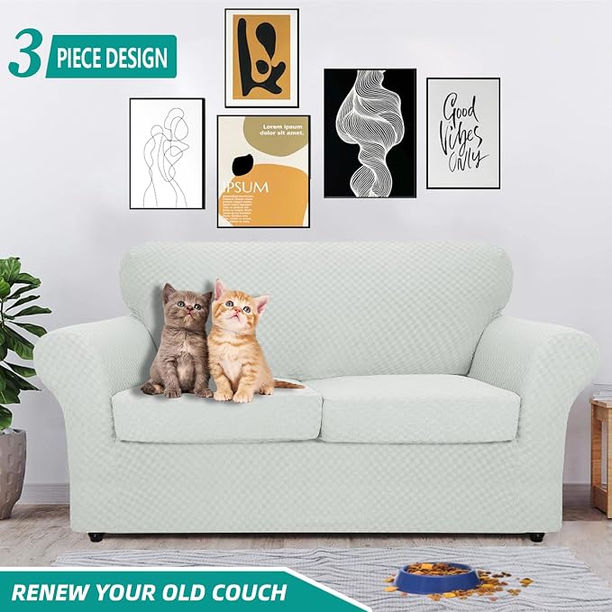 YEMYHOM Latest Checkered 3 Pieces Couch Covers for 2 Cushion Couch High Stretch Thickened Love Seat Sofa Cover for Dogs Pets Anti Slip Elastic Loveseat Slipcover Protector (Ivory), 55"-69"(2 CUSHIONS) - Image 2