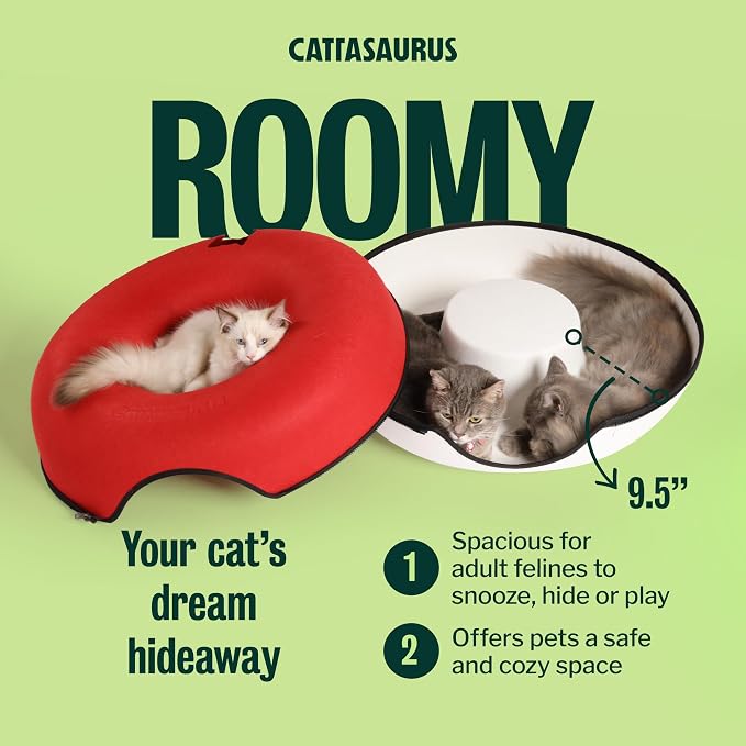 Cattasaurus Peekaboo Cat Cave, Extra Spacious for Multiple & Large Cats 12+ lbs, Scratch Detachable Cat Beds for Indoor Cats, Washable Tunnel Bed, Comfy Donut Tunnel (Ruby Snowball, Jumbo) - Image 3