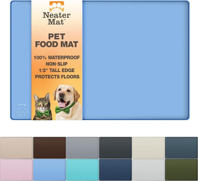 Neater Pet Brands Neater Mat Pet Mats for Food and Water, Cat & Dog Bowl Mat Waterproof Silicone, Feeding Tray, Dog Food Mats for Floors, Placemat w/Raised Edge for Under Bowls, 16” x 10”, Light Blue by NeaterPetBrands
