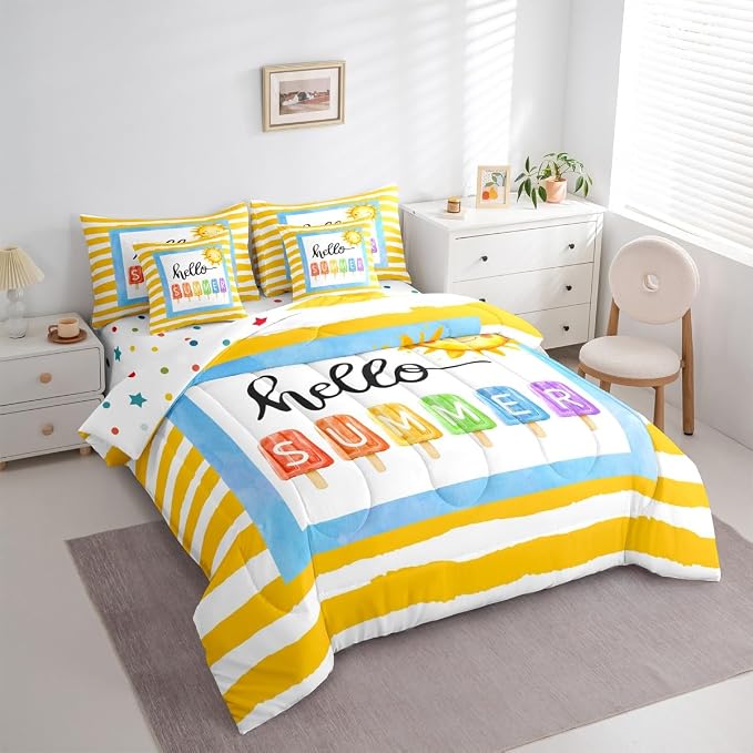 Erosebridal Kids Summer Beach Comforter Set with Sheets Twin, Yellow Stripes Bed in A Bag for Girls Boys Teens Women Men, Funny Geometric 7-Piece Bedding Set, Sun Colorful Ice Cream Popsicle Bed Sets - Image 2