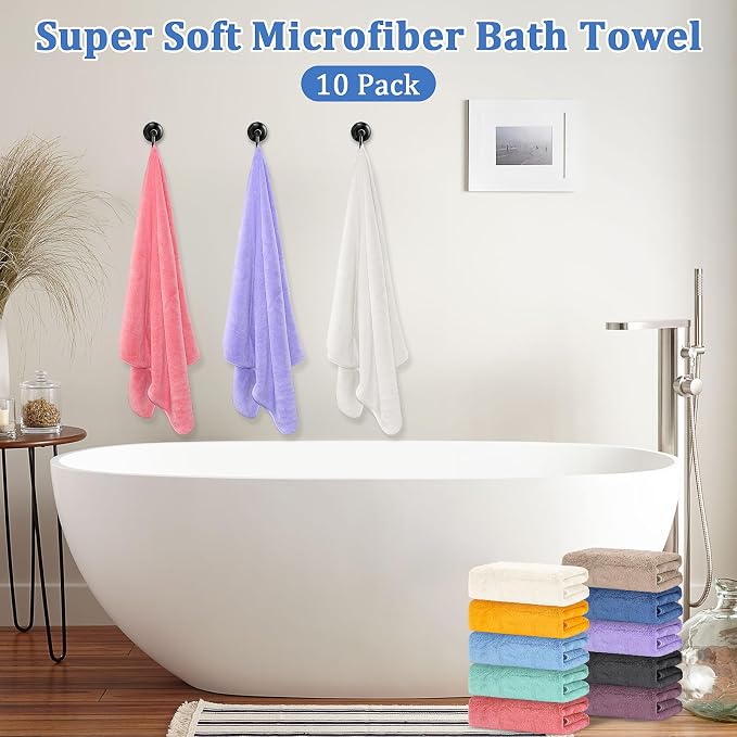 10 Pack Bath Towels Set, Soft Microfiber Towel 27.5 x 55 Inches | Lightweight, Quick Dry, Highly Absorbent Towels for Bathroom, Shower & Beach(Multicolor) - Image 5
