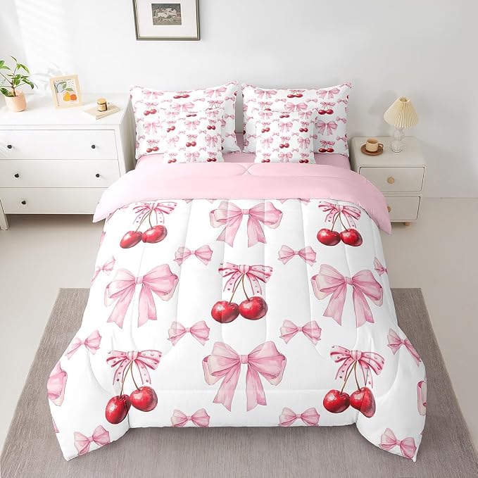 Erosebridal 7 Pcs Cherry Bowknot Kids Comforter Set King Bed in a Bag,Princess Bow Bedding Set for Girls Girlfriend,Girly Red Cherries Duvet Set,Romantic Valentine Bow Tie Geometric Sheet Set - Image 2