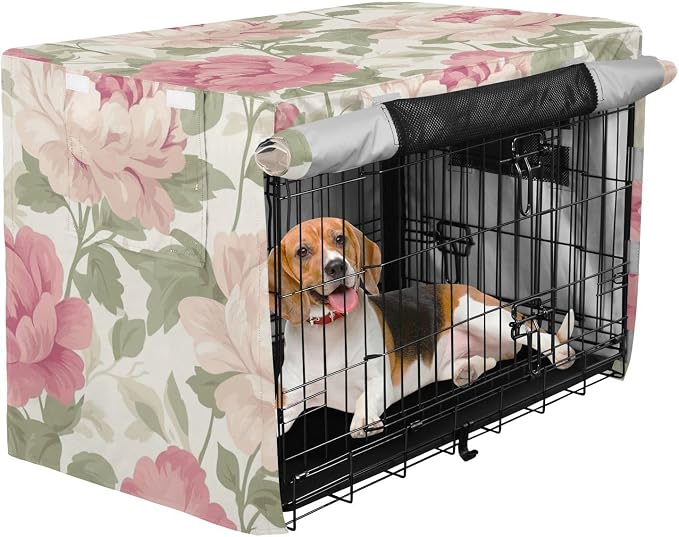 Dog Crate Cover Kennel Cover for Dog Cages Breathable for Wire Cage Indoor Outdoor Peony Flowers Fresh Beige - Image 2
