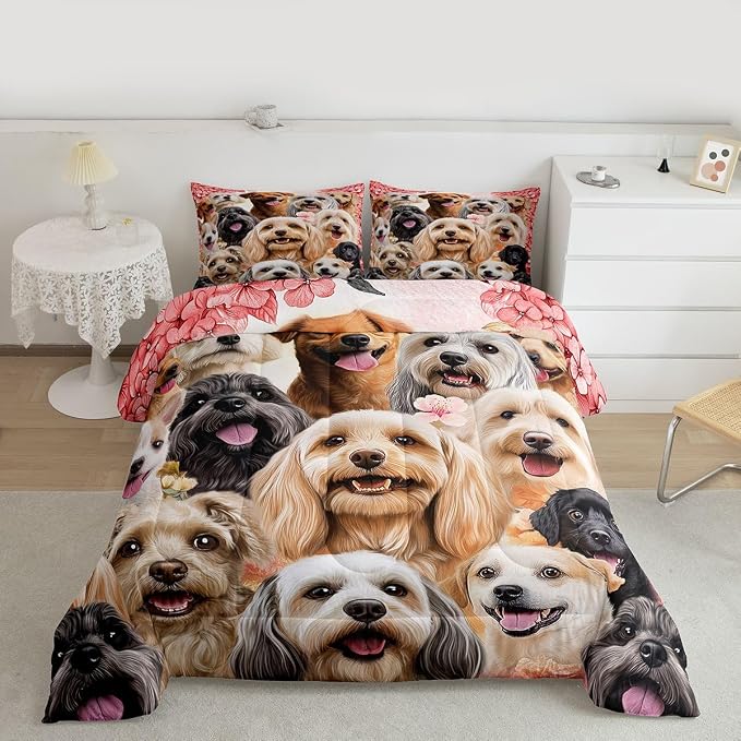 Feelyou Cute Dog Toddler Bedding Set Cartoon Animal Pattern Comforter Set for Kids Boys Girls Pet Dog Lover Decor Comforter Floral Plants Red Quilt Set Room 2Pcs Twin Size by Feelyou