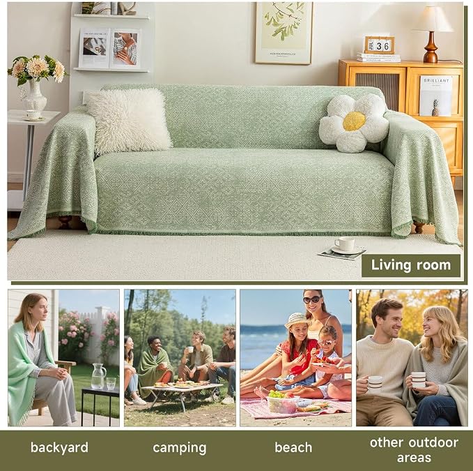 ROOMLIFE Green Sofa Cover, Vintage Boho Couch Cover for 3 Cushion Sofa, Soft Breathable Sofa Cover for Dog, Washable Furniture Sofa Protector Cover Blanket with Tassel for Living Room, 71 '' X 118'' - Image 6