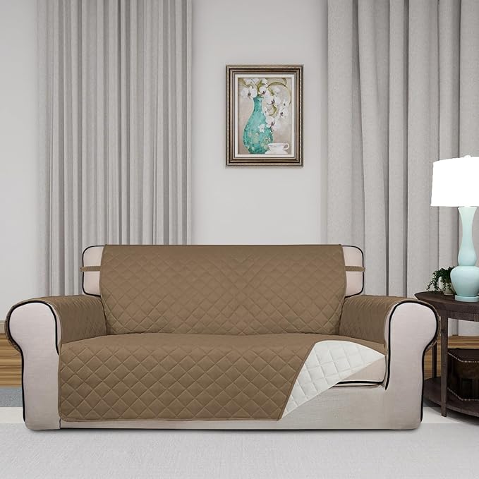 PureFit Reversible Quilted Couch Covers for Dogs Loveseat Sofa Cover 54" | Camel/Ivory, Water Resistant Couch Protector, Washable Pet Couch Cover with Non Slip and Elastic Straps For Kids - Image 2