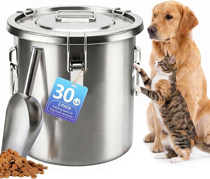 30LB Stainless Steel Dog Food Storage Container with Lid & Scoop, Large Metal Dog Food Container for Dry Pet Food, Pet Food Storage Container for Kibble, Cat Food and Treats by PawtyPets
