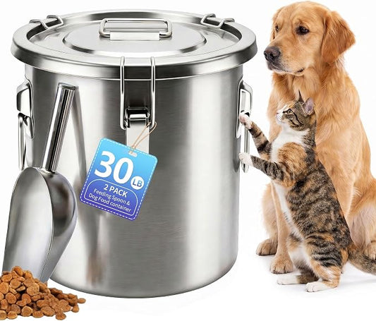 30LB Stainless Steel Dog Food Storage Container with Lid & Scoop, Large Metal Dog Food Container for Dry Pet Food, Pet Food Storage Container for Kibble, Cat Food and Treats by PawtyPets