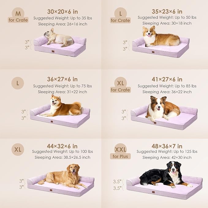 EHEYCIGA Memory Foam Dog Bed Large Size Dogs, Orthopedic Dog Bed Large with Washable Removable Cover, Waterproof Pet Sofa Couch with Nonskid Bottom, 36x27x6, Lilac - Image 2
