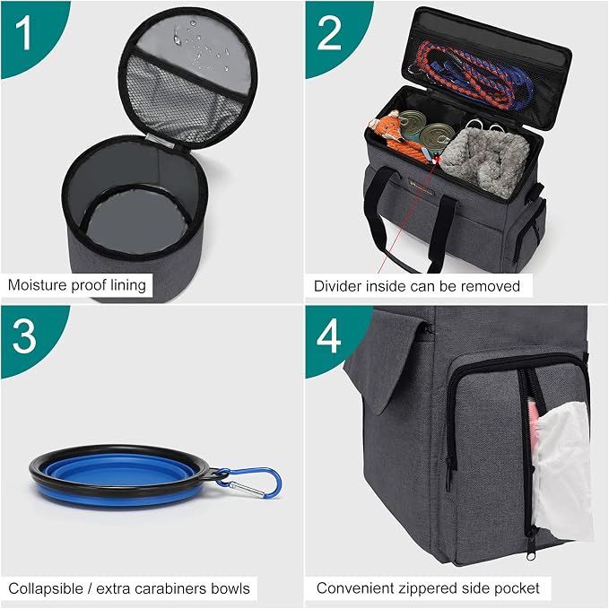 Modoker Weekend Dog Travel Bag with 2 Food Bags, 2 Bowls and Mat, Dark Gray | Dog Travel Accessories Organizer for Camping and Road Trips with Roomy Storage, Multiple Pockets and Water-Resistant Oxford - Image 3