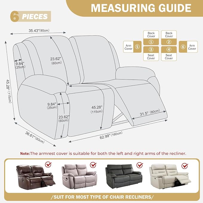 vctops Diamond Recliner Loveseat Slipcover 6-Pieces Stretch Dual Recliner Sofa Covers for 2 Seat Dual Reclining Loveseat Couch Soft Solid Furniture Protector (Light Coffee,2 Seat) - Image 2