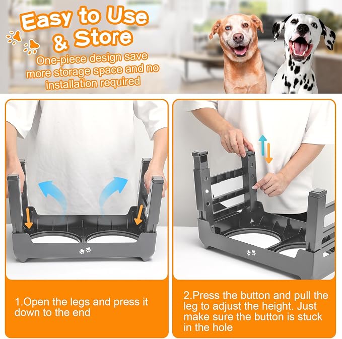 Elevated Bowls, 4 Height Adjustable Raised Stand With 2 Thick 50oz Stainless Steel Food Bowls, Non-Slip Feeder for Large Medium Dogs, Adjusts to 3.7", 9.2", 10.75", 12.36" Grey - Image 7