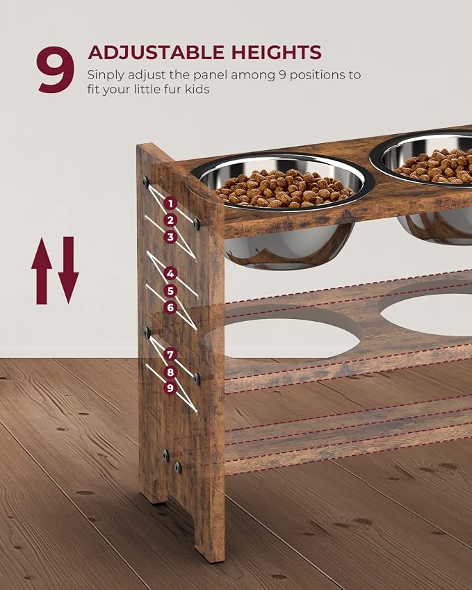 Vantic Elevated Dog Bowls, Adjustable Bowl Stand Medium, Rustic Brown | Particle Board Raised Dog Bowl Stand with 2 Stainless Steel Bowls for Medium Dogs - Image 2