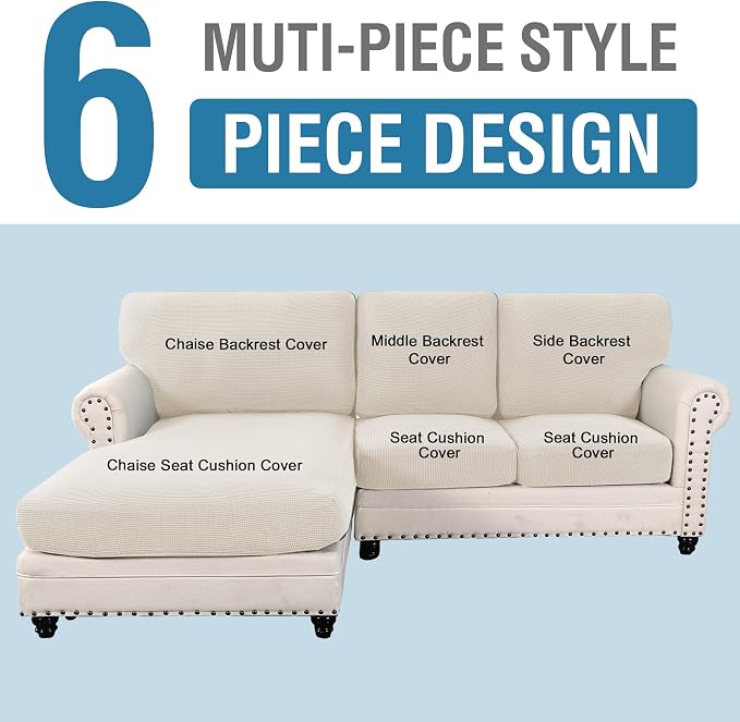 H.VERSAILTEX 2025 New Sectional Couch Covers 6 Pieces Stretch Sofa Covers for Sectional Sofa Set Separate L Shaped Couch Cover for Both Left/Right Couch (Seat and Back: 1 Chaise + 2 Sofa, Ivory) - Image 2