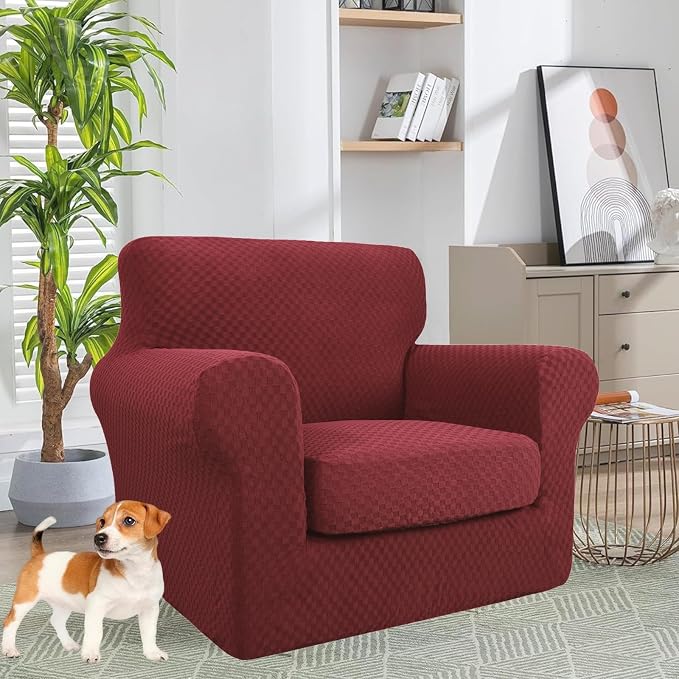 YEMYHOM Latest Checkered 2 Pieces Chair Covers for Living Room High Stretch Thickened Chair Slipcovers with Arms Elastic Armchair Sofa Couch Slipcover Protector (Wine Red), 31"-46"(1 Cushion) - Image 2