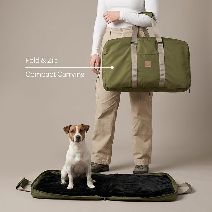 4 Cats & Dogs Gus Travel Bed – Portable Foldable Dog Bed & Pet Cushion Mat with Soft Faux Fur, Water-Resistant Nylon, Zippered Suitcase Design for Camping & Travel- Medium (29.5″ x 39.5″), Army - Image 3