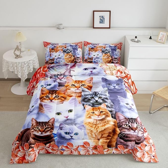 Feelyou Kids Cute Pet Cats Toddler Bedding Set for Boys Girls 3D Cartoon Animal Comforter Red Floral Cat Lover's Decor Quilt Set with 2 Pillowcases 3Pcs Full by Feelyou