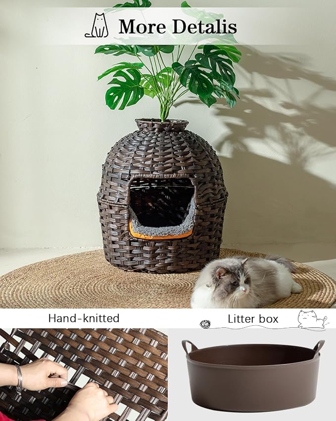 SETVSON Cat Litter Box Plant Furniture Enclosure, PE Rattan House, Brown | Decorative Planter Design, Removable Top for Easy Cleaning, Built-in Litter Box, Compact 20x20x38.97 Inches, PE Rattan House - Image 4