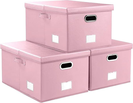 PRANDOM Collapsible Storage Box with Lid [3-Pack] Leather Fabric Foldable Storage Bin Organizer Container Basket Cube with Cover for Home Bedroom Closet Office Nursery Pink(22.8X15.7X11.8) by Prandom