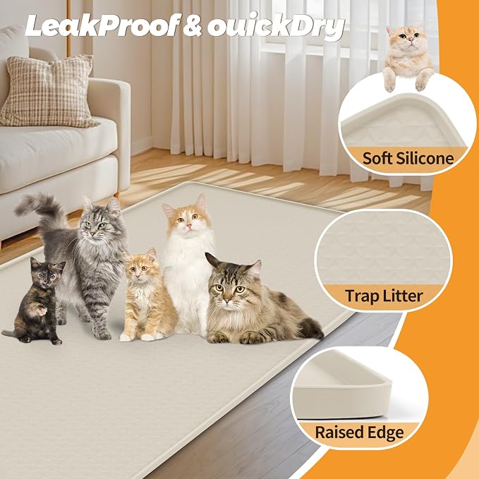 Cat Litter Mat for Litter Box 51"x25.6" Extra Large Silicone Mat, Beige | Waterproof Non-Slip Litter Box Mat with Raised Edges, Cat Litter Trapping Mat for Pet, Cat Litter Rug for Floor - Image 3