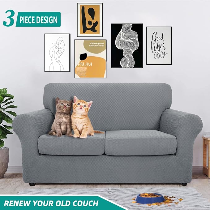 YEMYHOM Latest Checkered 3 Pieces Couch Covers for 2 Cushion Couch High Stretch Thickened Love Seat Sofa Cover for Dogs Pets Elastic Loveseat Slipcover Protector (Light Gray), 55"-69"(2 Cushions) - Image 2