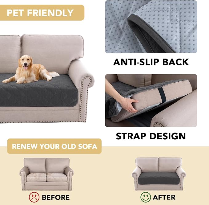 H.VERSAILTEX Couch Cover Chenille Pet Fuzzy Sofa Covers for 2 Cushion Couch Anti Slip Washable Sofa Slipcovers with Strap Soft Couch Protector Cover for Dogs Cats Kids(34.5" x 63", Grey) - Image 4
