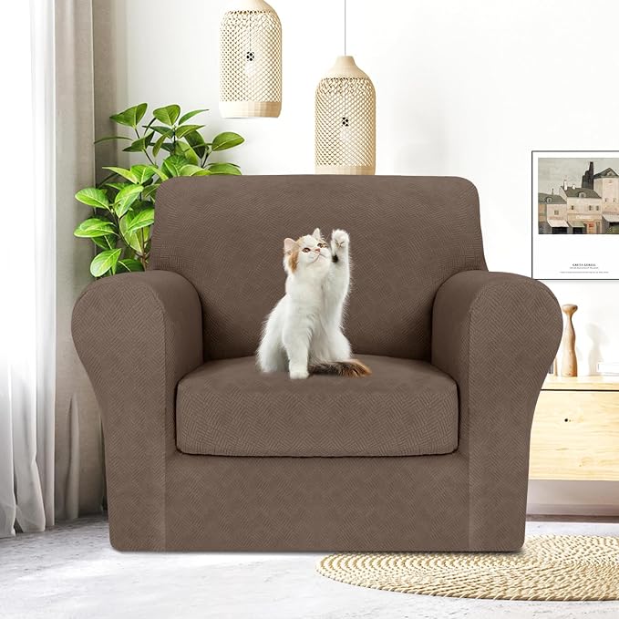MAXIJIN 2 Piece Chair Covers Chair Slipcover with Arms, Sofa Chair Cover for Living Room Armchair Cover, Stretch Pet Dog Slip Cover for A Chair with 1 Cushion (31"-46", Brown) - Image 3