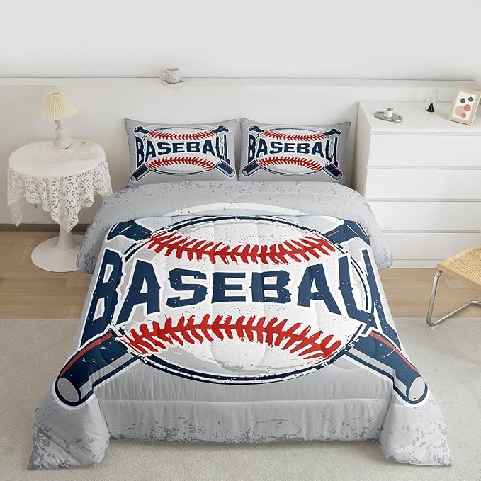 Homewish Baseball Comforter Set Vintage Sports Baseball Bedding Set 3pcs for Kids Boys Teens Sports Theme Duvet Insert Soft Polyester Down Comforter with 2 Pillowcases, Queen Size - Image 4