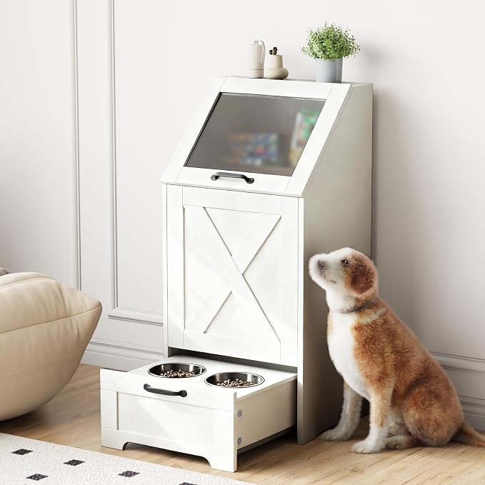 Dog Feeding Station with Storage Cabinet and 2 Elevated Dog Bowls, Hidden Pet Food Storage Organizer for Dog &Cat,Modern Dogs Furniture (White) - Image 3