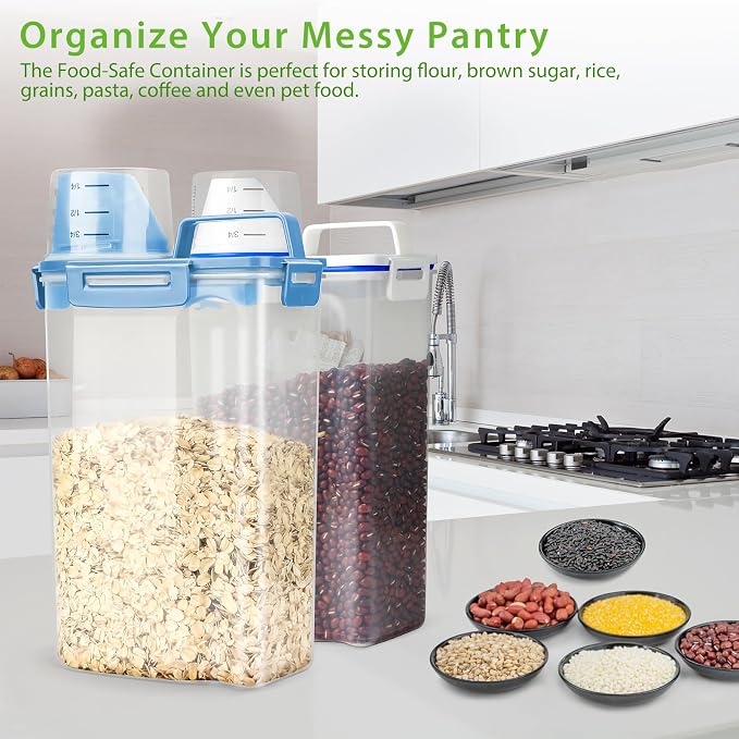 Viretec Rice Airtight Storage Container, 3 to 5Lbs Cereal Dry Food Flour Bin, Pet Dog Cat Food Dispenser with Measuring Cup, BPA Free Clear Plastic Kitchen and Pantry Organization Bin for Sugar, Pasta - Image 6