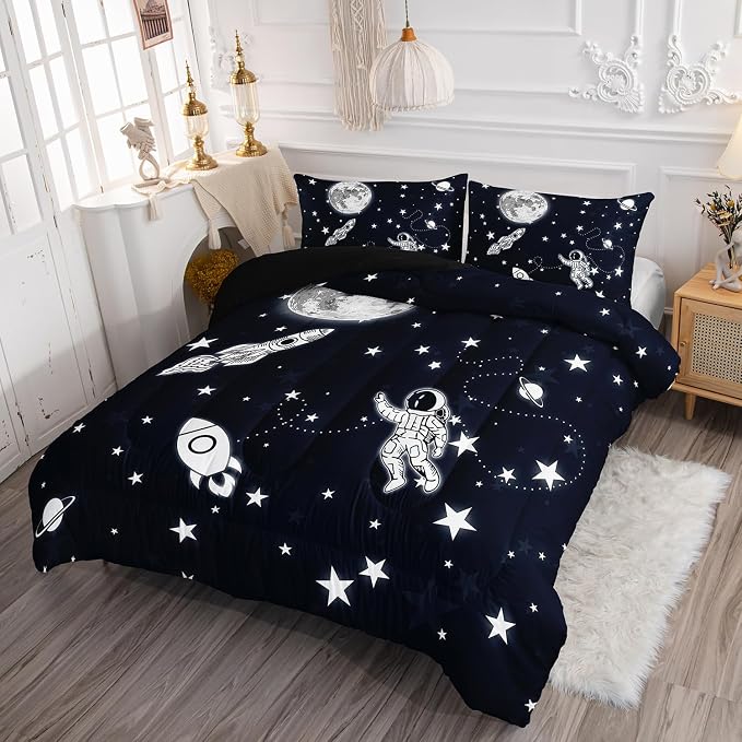 Astronaut Space Rocket Comforter Set 3D Printed Bedding Set with 1 Comforter and 2 Pillowcases for Boys and Girls Bedroom All Season(Space Queen) - Image 3