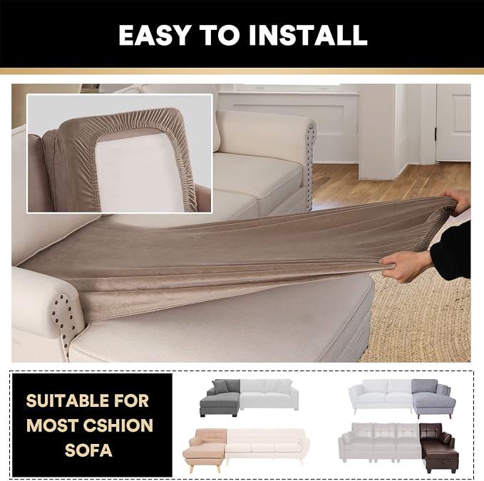 PrinceDeco Sectional Couch Covers Velvet Couch Cover for Dogs Washable L Shaped Couch Cover 1 Piece Individual Sectional Couch Covers with Elastic Bottom(Chaise Lounge,Taupe) - Image 6