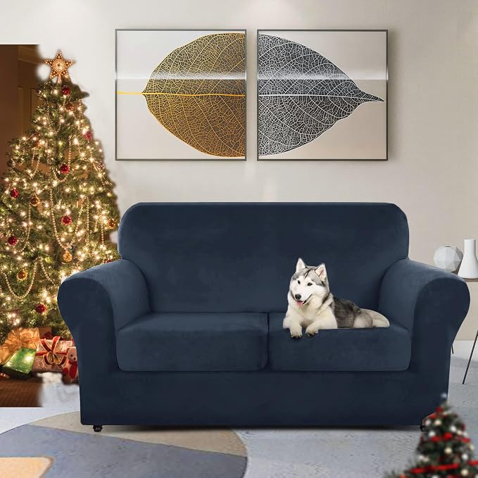 ZNSAYOTX Luxury Velvet Sofa Cover 3 Piece (57"-70") Stretch Loveseat Covers for 2 Cushion Couch Thick Soft Couch Slipcover with Non Slip Strap, Dog Pet Friendly Nice Furniture Protector (Navy Blue) - Image 2