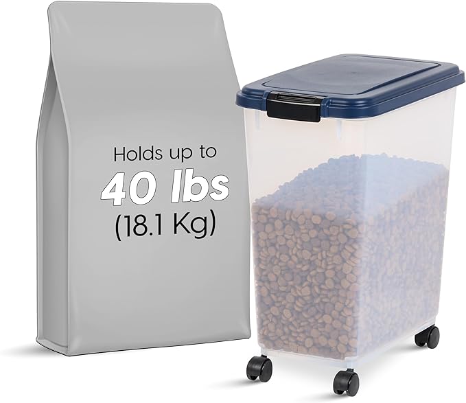 IRIS USA Airtight Dog Food Storage Container, Up to 40 lbs, Attachable Wheels, For Dog Cat Bird and Other Pet Food Storage Bin, Keep Fresh, Translucent Body, Easy Mobility, Navy | Clear Plastic Bin with Snap-Lid Seal and Wheels to Keep Kibble, Pellets,... - Image 2