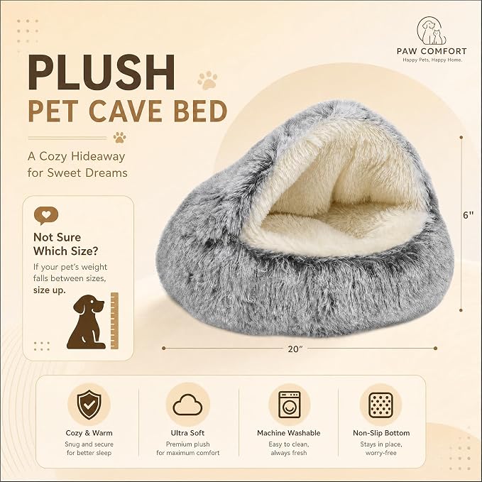 ShinHye Cat Bed Round Plush Fluffy Hooded Cat Bed Cave, Cozy for Indoor Cats or Small Dog beds, Soothing Pet Beds Doughnut Calm Anti-nxiety Dog Bed - Waterproof Bottom Washable (20×20inch, Grey) - Image 2