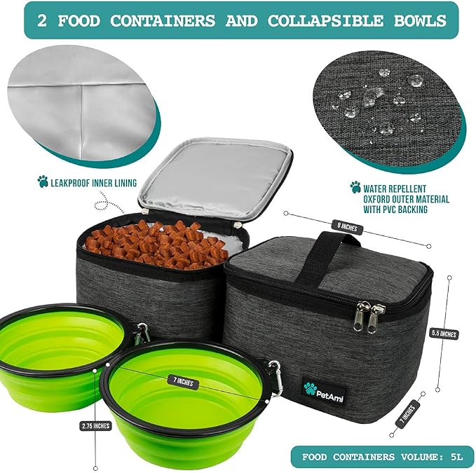 PetAmi Dog Travel Bag Organizer, Pet Travel Kit with 2 Food Containers & 2 Collapsible Dog Bowls, Pet Supplies Tote with Luggage Sleeve, Weekend Road Trip Camping Essentials, Dark Gray, Large - Image 3